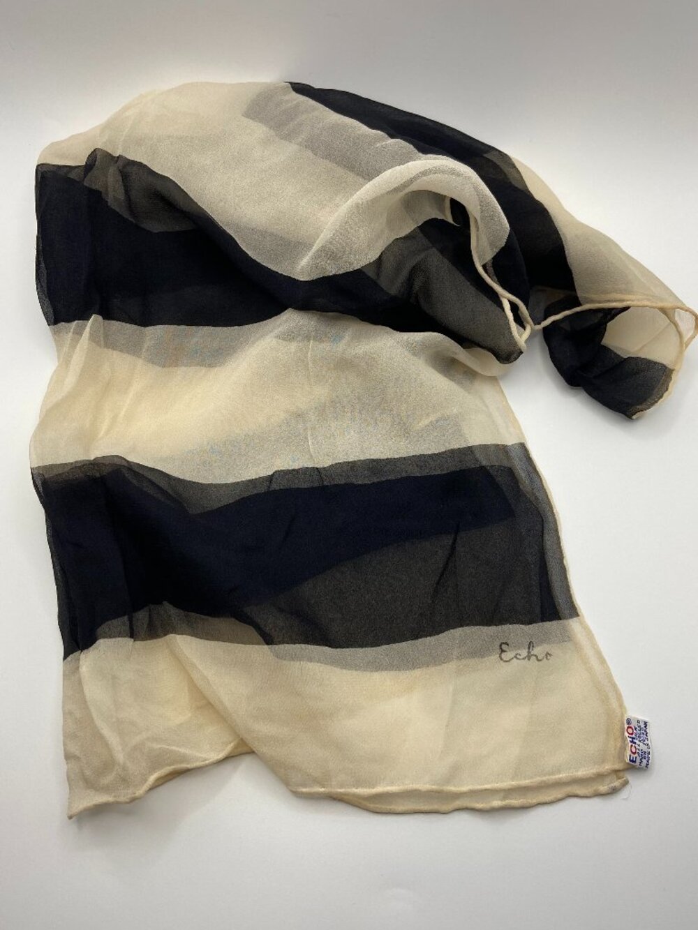 Vintage Black & Cream Striped Scarf ECHO Brand 100% Silk Made in Japan 50's 60's